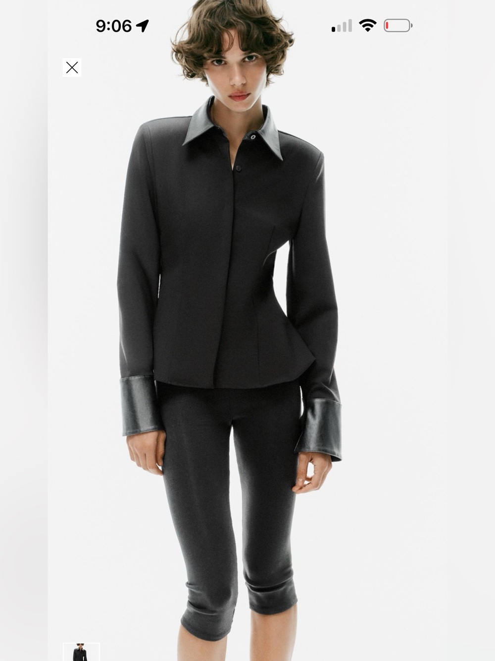 Zara Black Button-Up Blouse with Leather-Trim Collar & Cuffs
